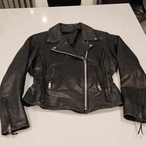 Gorgeous black leather motorcycle jacket size M with braided detail!